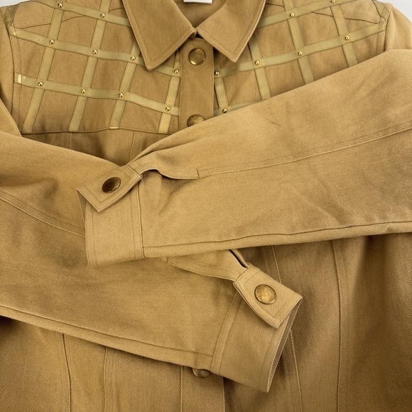 VTG 80s/90s Apart Denim Jacket  Size 12 Camel Tan Gold Grid Strap Studded Stains - Picture 8 of 10